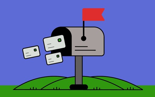 Illustration of a gray mailbox with a red flag and letters flying out against a blue sky and green hills backdrop.