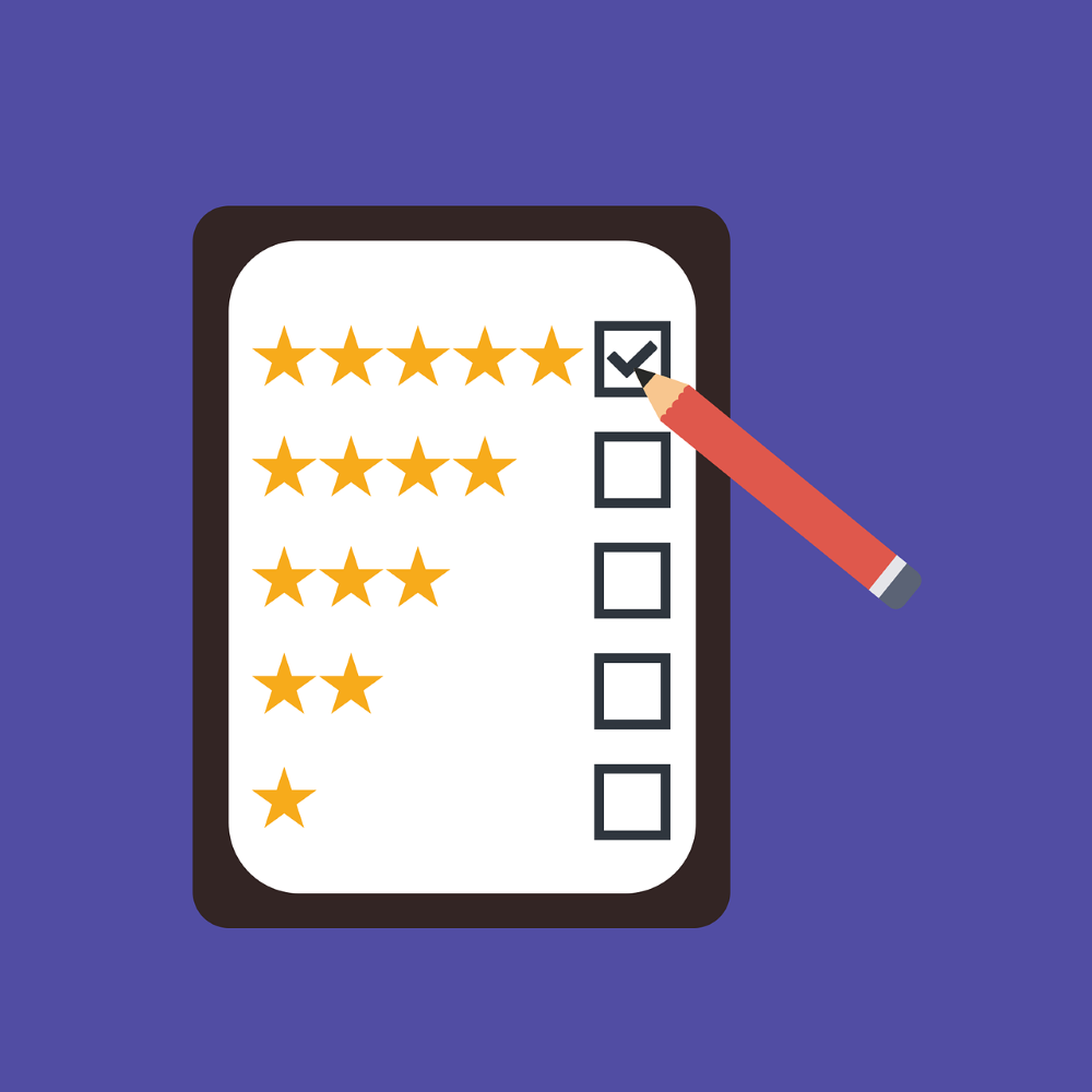 Illustration of a review sheet with star ratings and a checkbox, sharing five instances of varying star ratings. A red pencil marks one of the checkboxes. The background is purple.