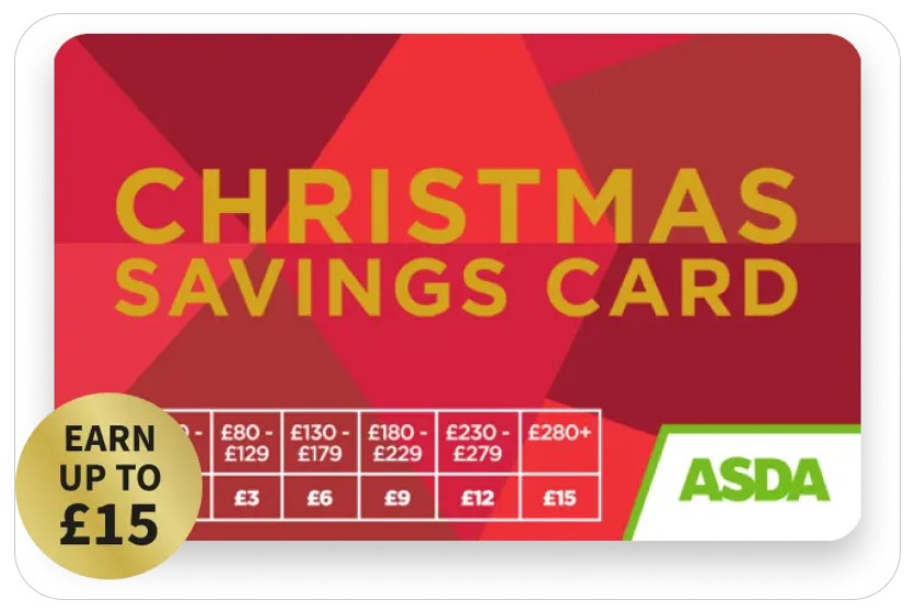 A Christmas Savings Card from ASDA with a chart detailing savings amounts for different spend ranges and a promise to earn up to £15.