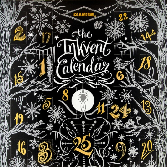 An image showing a black, white, and gold advent calendar containing calligraphy pen ink