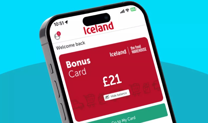 A smartphone screen displays the Iceland app, showing a Bonus Card with a £21 balance.