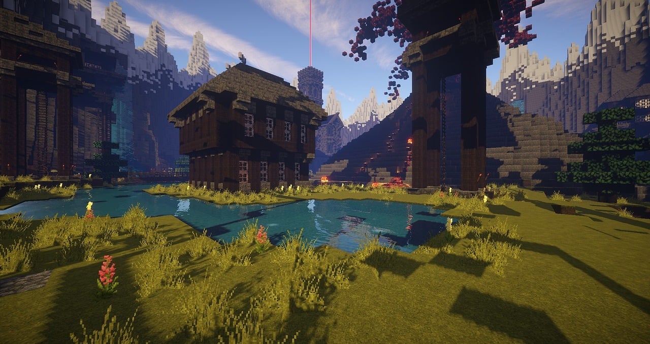 A Minecraft house sitting on a blue lake