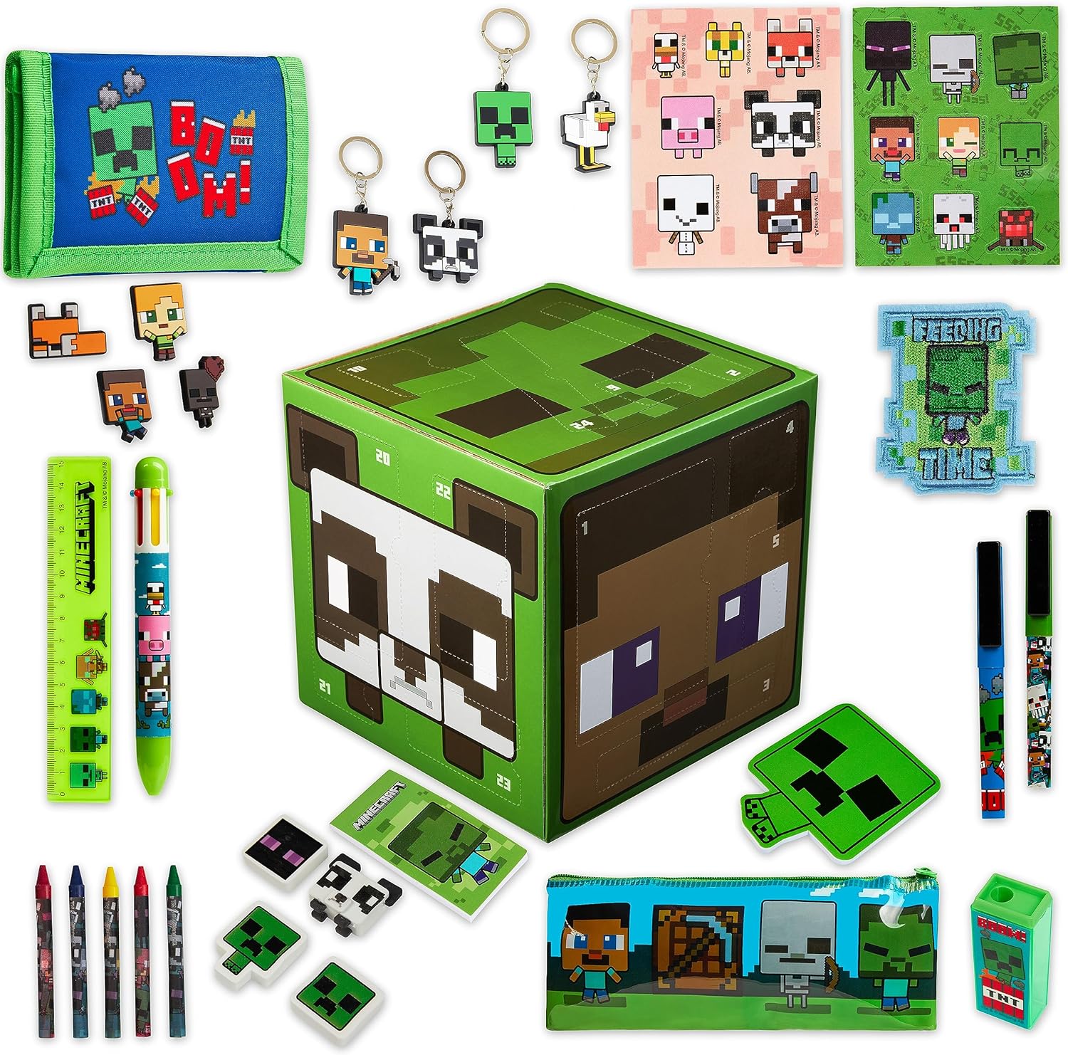 A collection of Minecraft-themed stationery around a cube-shaped Christmas advent calendar