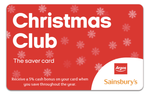 A red, snowflake-themed card for Sainsbury's Argos Christmas Club. Text reads: "Christmas Club, The saver card. Receive a 5% cash bonus on your card when you save throughout the year.