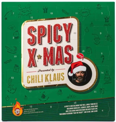 A green "Spicy X-Mas" advent calendar featuring a man wearing a Santa hat in the center. The text "Presented by Chili Klaus" is prominently displayed. Small icons of Christmas items decorate the background.