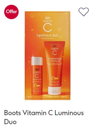 Image of Boots Vitamin C Luminous Duo product pack with a cleansing gel and a brightening cream. There is a red "Offer" tag in the top left corner and a heart icon in the top right corner.