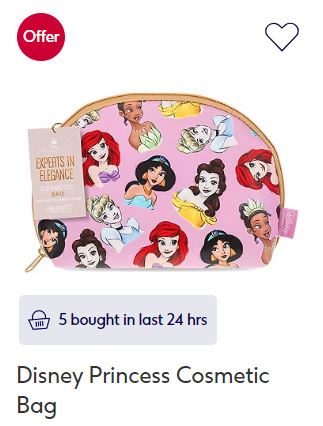 A pink cosmetic bag featuring various Disney princesses with a "5 bought in last 24 hrs" banner and an "Offer" badge.