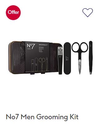 No7 Men Grooming Kit featuring various grooming tools including scissors, nail clipper, tweezers, and a file, displayed with packaging in the background.