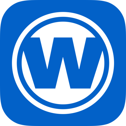 A bold, blue "W" logo inside a white circle bordered by a thicker blue circle. It is set against a blue square background with rounded corners.