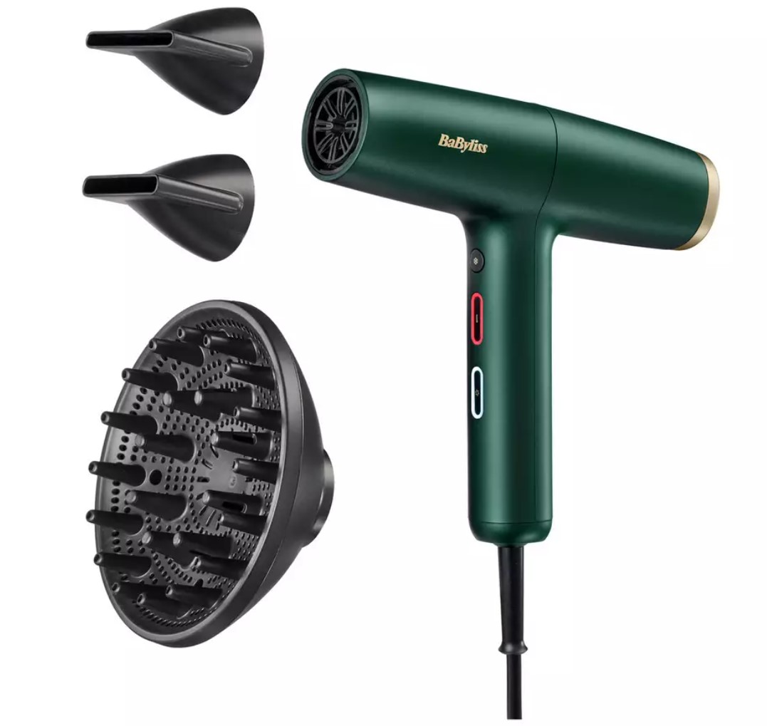 Green hair dryer with two concentrator nozzles and a diffuser attachment.