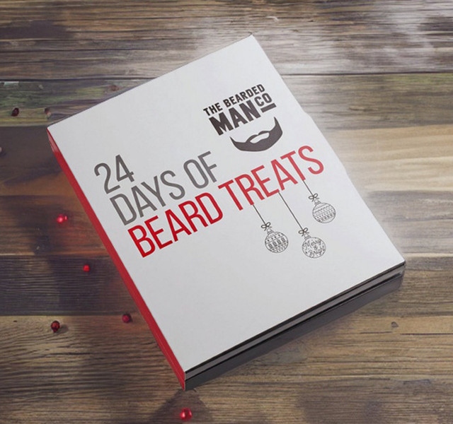 A beard oil advent calendar, showing stylised facial hair on a white box