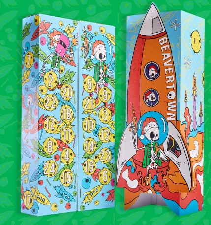 Colorful advent calendar with cartoon astronauts and spaceships on a green background.