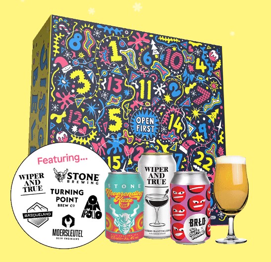 Colorful beer advent calendar with numbers and designs, showcasing four beer brands: Wiper and True, Stone Brewing, Turning Point Brew Co, and others. Includes three cans and a glass of beer.