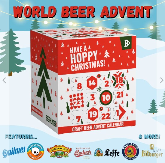 A "World Beer Advent" calendar box with holiday-themed design, surrounded by various beer brand logos at the bottom.