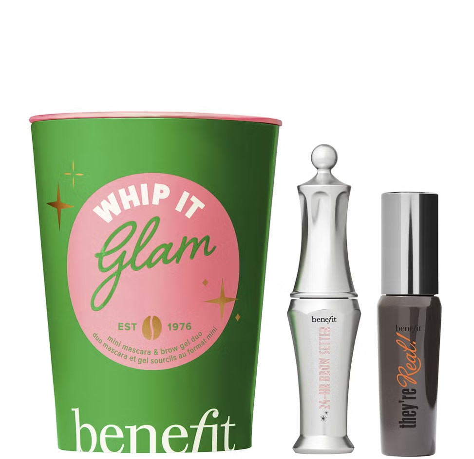 Benefit cosmetic set with "Whip it Glam" packaging, includes a mini mascara and brow gel.