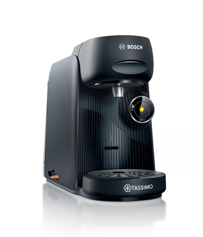 A Bosch Tassimo single-serve coffee machine with a sleek black design and a control dial on the front.