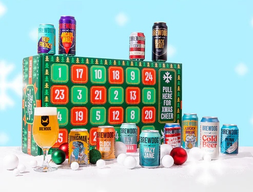 An image showing a BrewDog advent calendar, several beer cans, and a beer glass