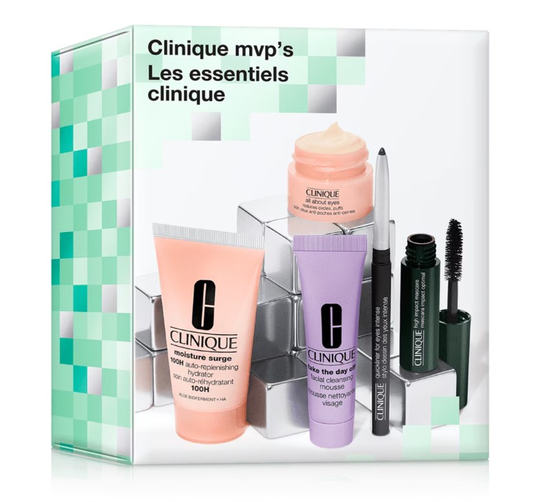 Clinique skincare set featuring a moisturizer, cleansing balm, eyeliner, and mascara.