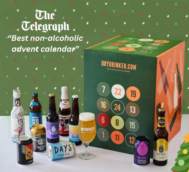 A non-alcoholic advent calendar box with various non-alcoholic beer bottles and cans displayed around it on a festive background.