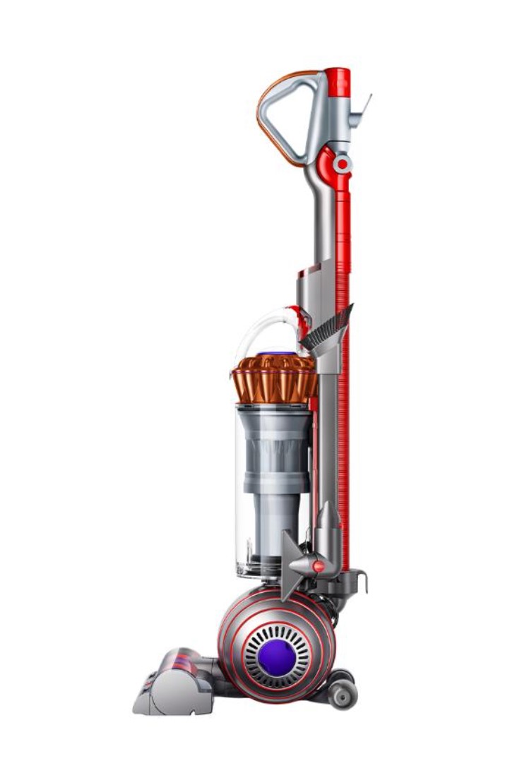 Upright vacuum cleaner with a transparent dust canister and red accents on a white background.