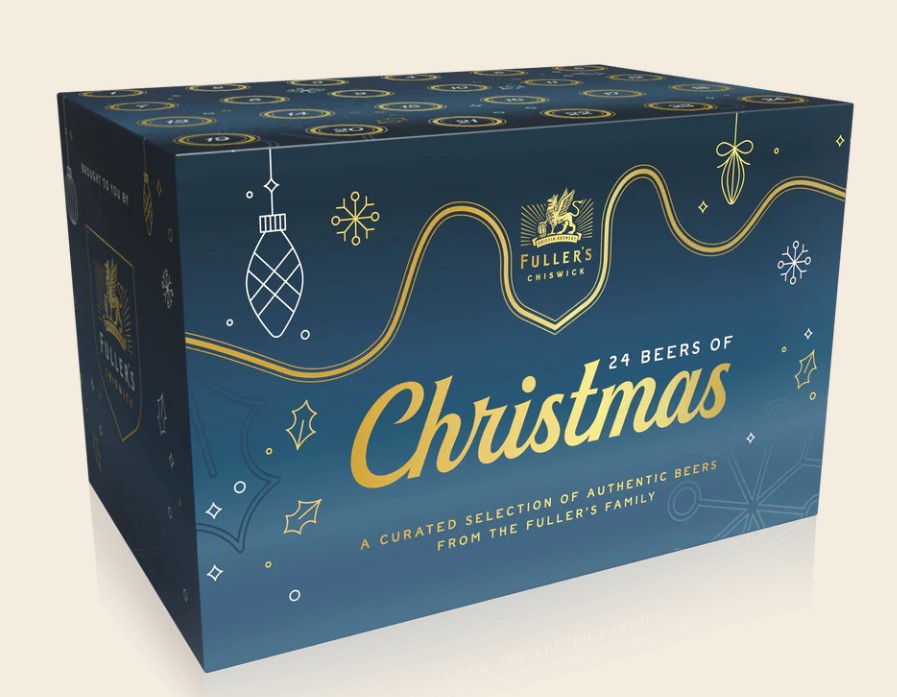 Box labeled "24 Beers of Christmas" by Fuller's Chiswick, featuring holiday-themed decorations in blue and gold.