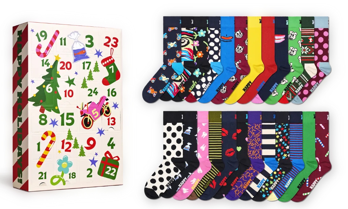 Twenty-four pairs of socks next to the Happy Socks advent calendar