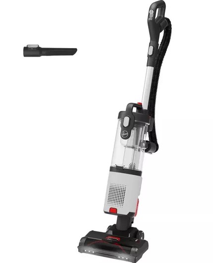 Upright vacuum cleaner with a detachable hose and additional nozzle attachment.