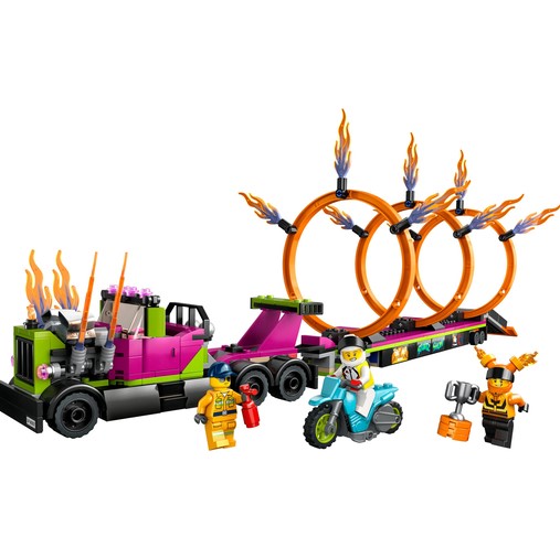 LEGO set featuring a colorful truck, three flaming hoops, two minifigures, a motorcycle, and extra accessories.