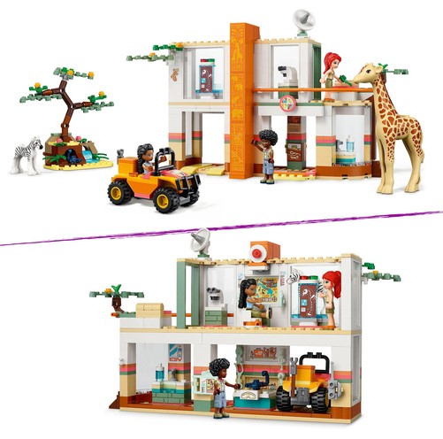 LEGO Safari set with a building, giraffe, tree, jeep, and minifigures.