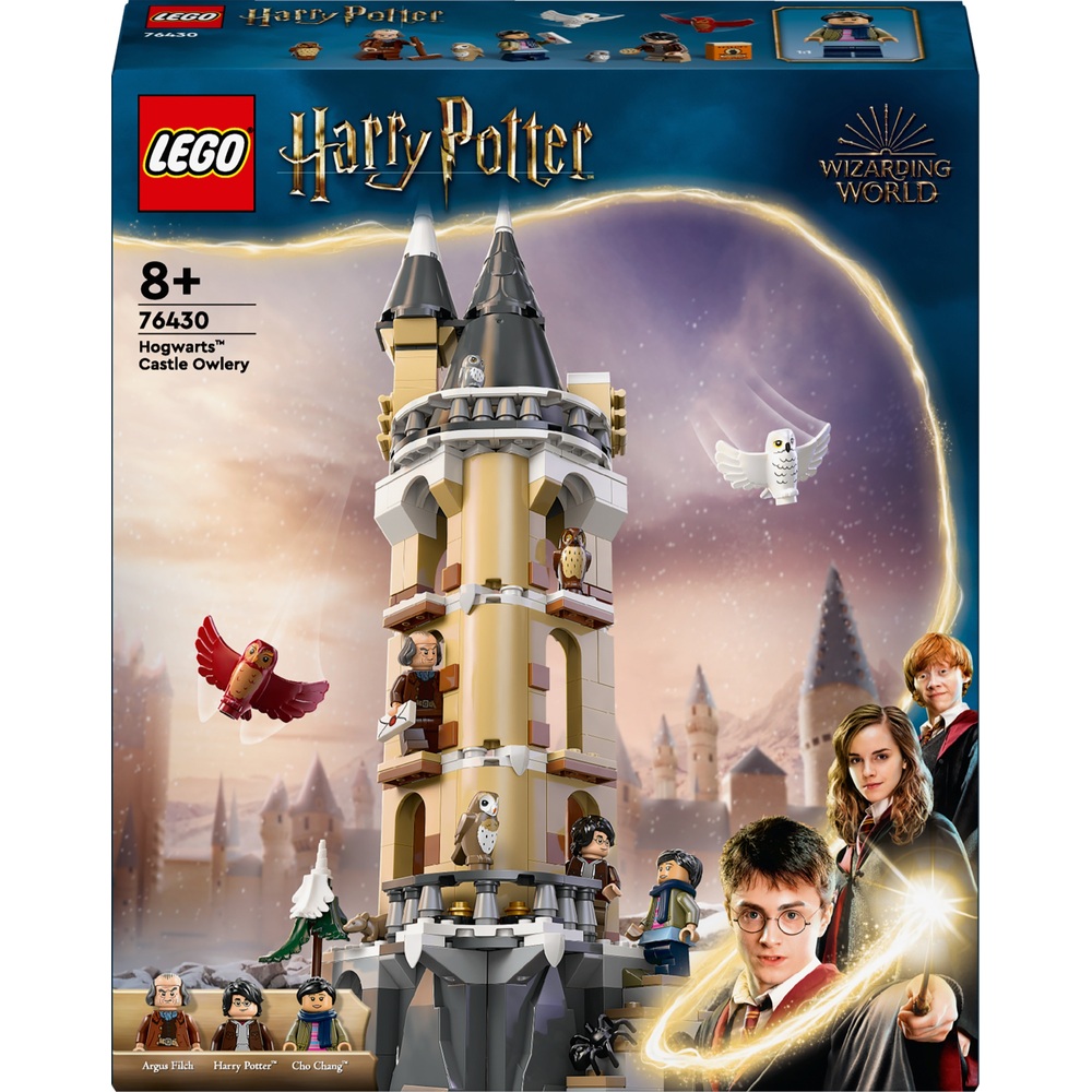 LEGO Harry Potter Hogwarts Castle Owlery set box featuring characters, owls, and tower. Suitable for ages 8 and up.