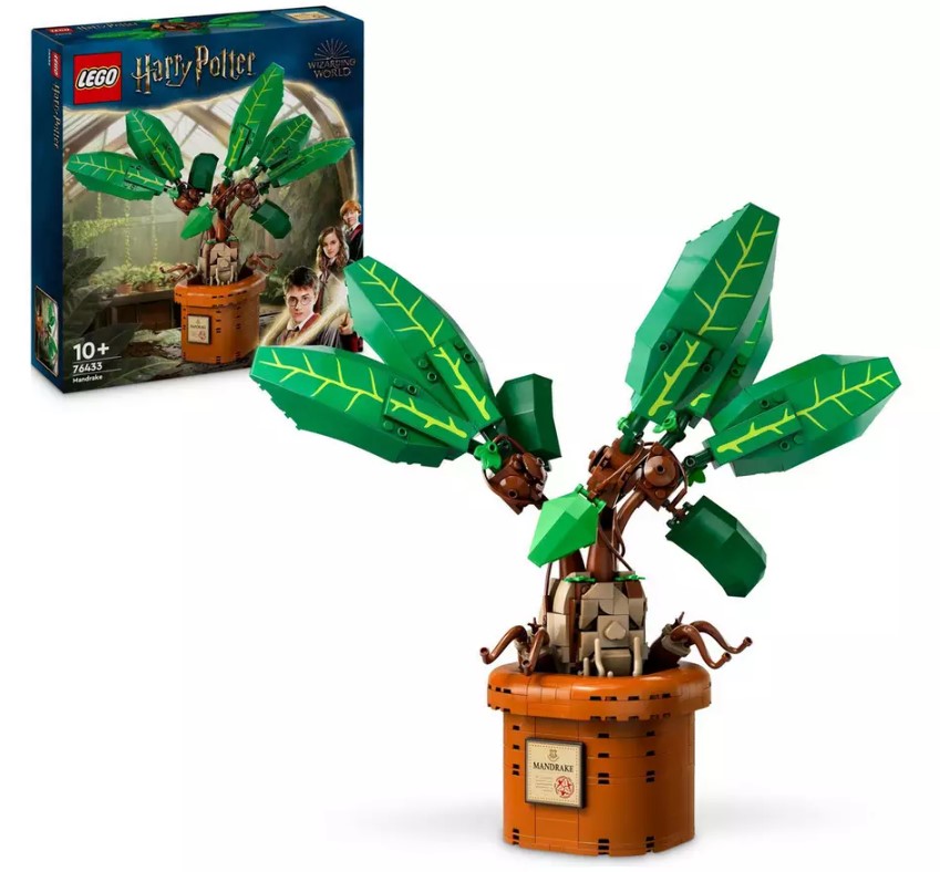 LEGO set of a Whomping Willow tree from Harry Potter, featuring large green leaves, displayed next to its packaging box showing the set number 76423.