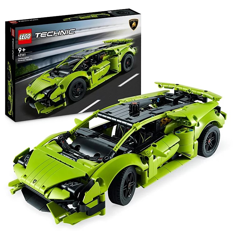 A LEGO Technic green sports car model with its packaging box in the background.