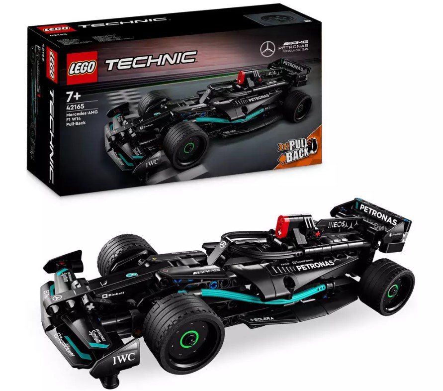 LEGO Technic Mercedes-AMG F1 car set, featuring a black and green model with a pull-back function, displayed on a box for ages 7 and up.