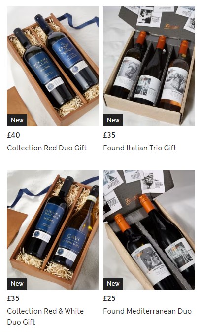 Four boxed wine gift sets with prices: £40, £35, £35, and £25. Sets feature different wine varieties, labeled as new items.