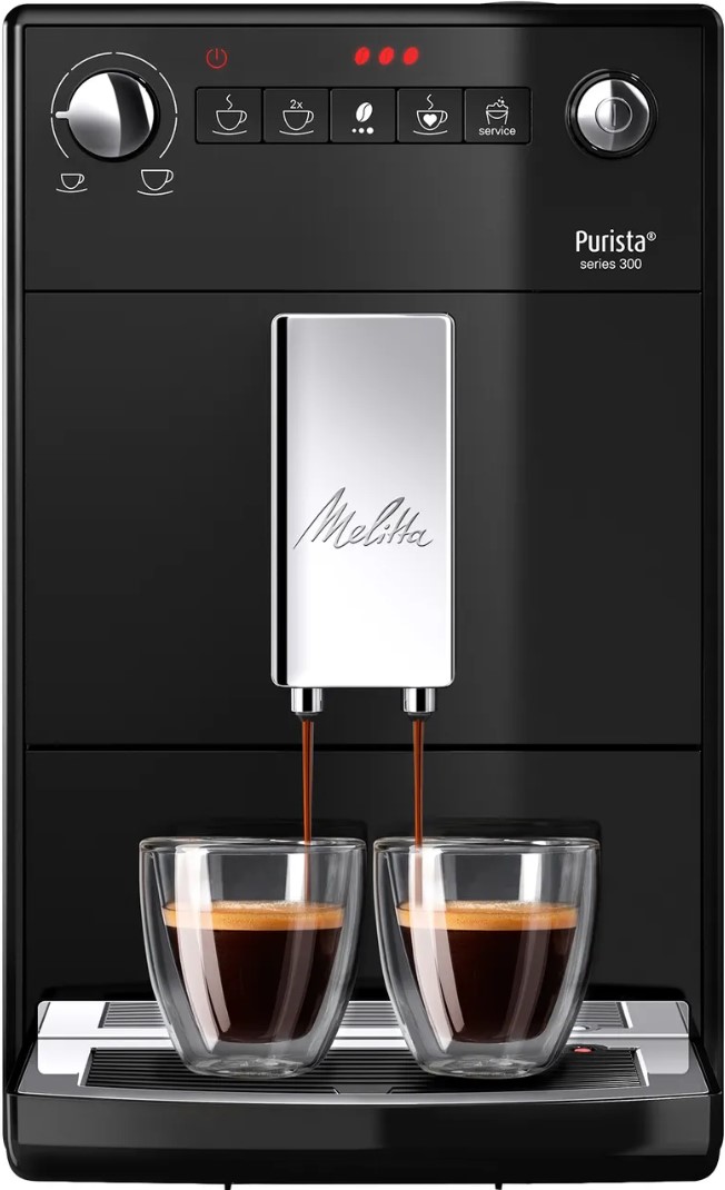 A black coffee machine dispensing espresso into two glass cups.