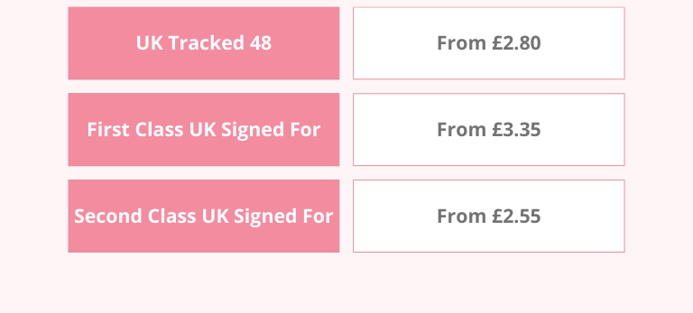 Options for postal services with prices: UK Tracked 48 from £2.80, First Class UK Signed For from £3.35, Second Class UK Signed For from £2.55.