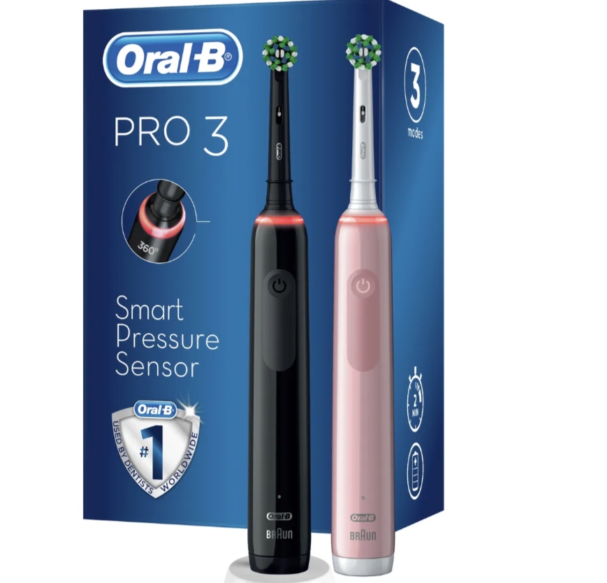 An image of a pair of Oral-B Pro 3 toothbrushes, one pink and one blank, and their box