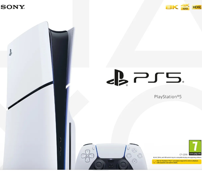 A white PlayStation 5 Slim model, complete with a matching controller