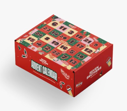 A red advent calendar box with numbered doors and festive designs, featuring the text "Seven Brothers" and beer icons.