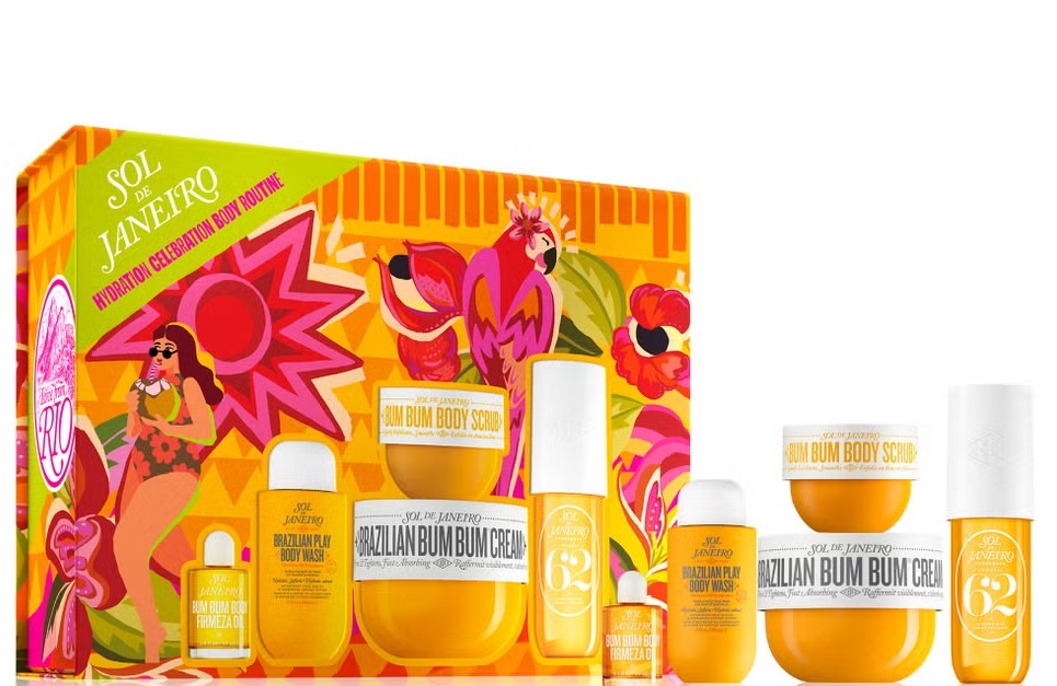 Box of Sol de Janeiro Brazilian Bum Bum Cream products with colorful tropical-themed packaging.