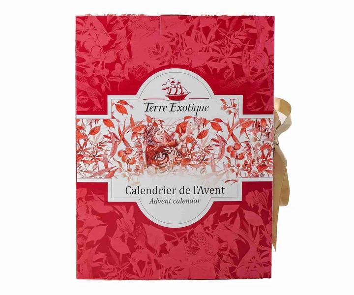 An ornate and festive red-and-white box that contains the Spice Discovery Advent Calendar