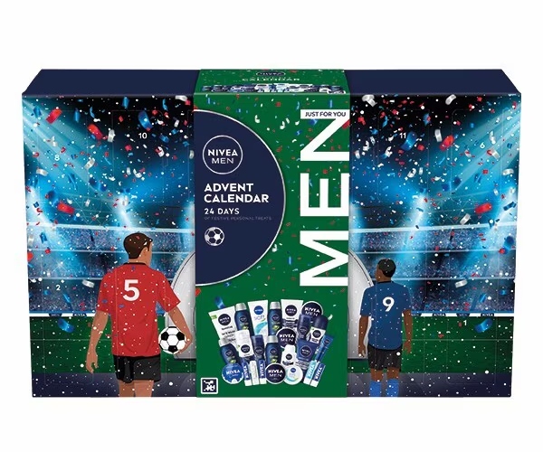 A footballer and some grooming products on the front cover of the Nivea men's skincare advent calendar