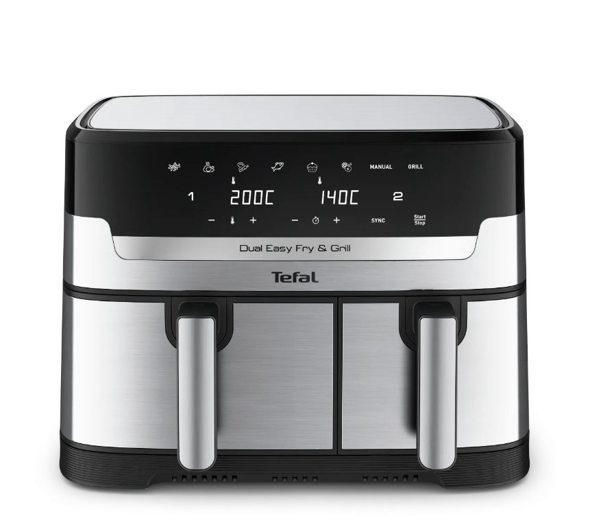 A Tefal Dual Easy Fry & Grill appliance featuring a digital display, dual baskets, and temperature controls.