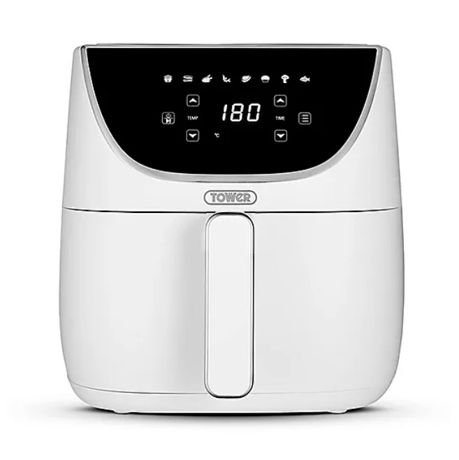 White digital air fryer with a touchscreen display showing 180 degrees.