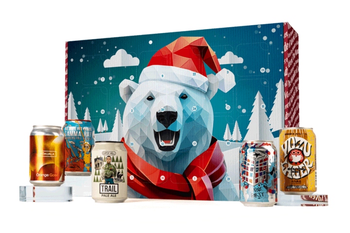 A polar bear calendar surrounded by drinks in the Virgin Wines Beer Advent Calendar