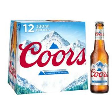 Box of 12 Coors beer bottles alongside a single bottle, featuring mountain imagery and logo.