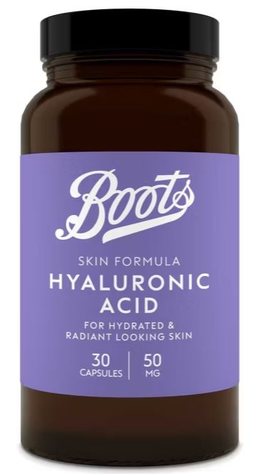 A brown bottle labeled "Boots Skin Formula Hyaluronic Acid" for hydrated and radiant-looking skin, containing 30 capsules, 50 mg each.