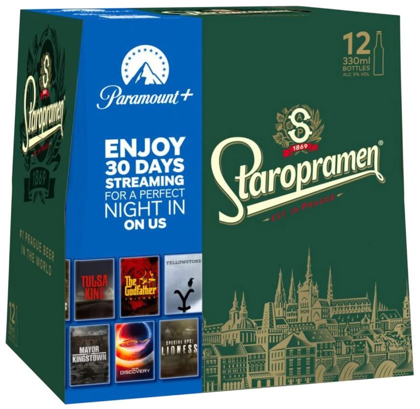 A 12-pack of Staropramen beer with a Paramount+ offer for 30 days of streaming. The packaging features Prague skyline graphics and images of TV shows and movies.