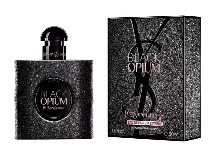 Yves Saint Laurent Black Opium perfume bottle and box with a glittery black design.