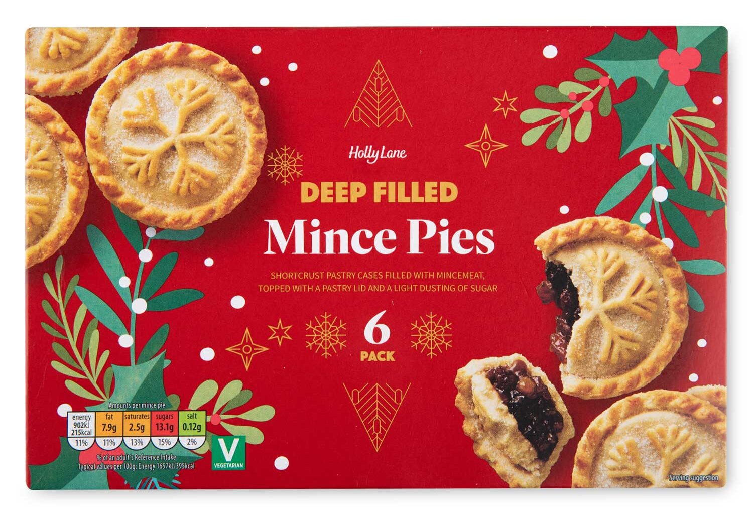 A red box of Holly Lane Deep Filled Mince Pies, containing six pastries. The packaging features festive holly decorations.